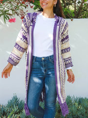 Geometric Print Tassel Trim Hooded Cardigan