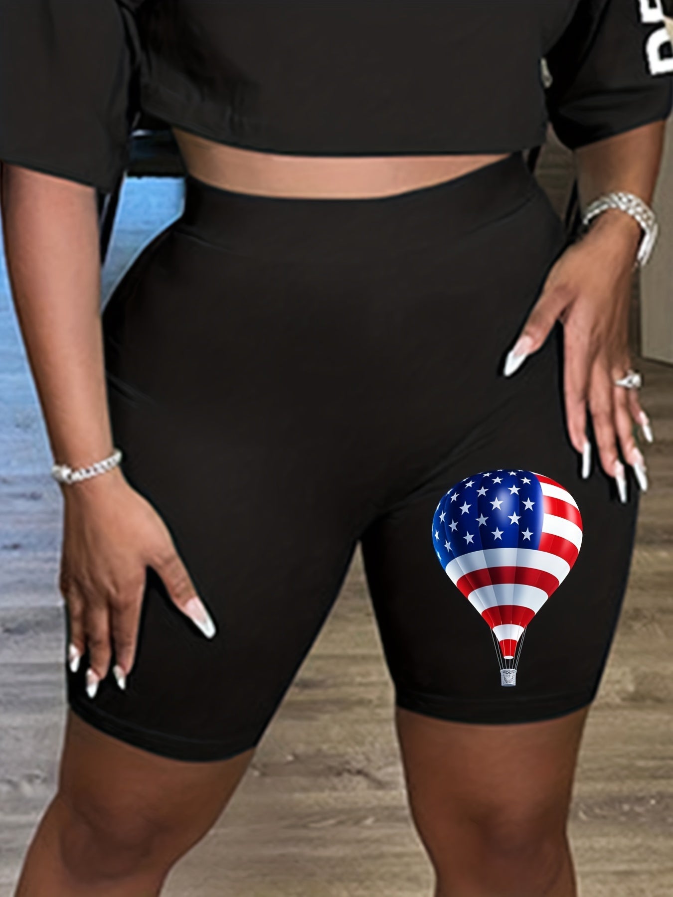 Independence Casual Shorts Women's Plus Flag Balloon Print Biker Short