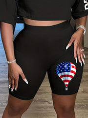 Independence Casual Shorts Women's Plus Flag Balloon Print Biker Short