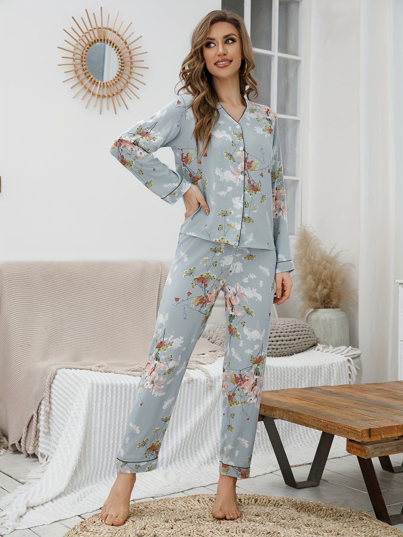 Floral Print Pajama Set Long Sleeve V Neck Top & Elastic Waistband Pants