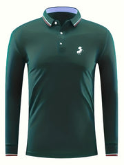 Men's Horse Print Polo Shirt Casual Stretch Breathable Button Up Long Sleeve
