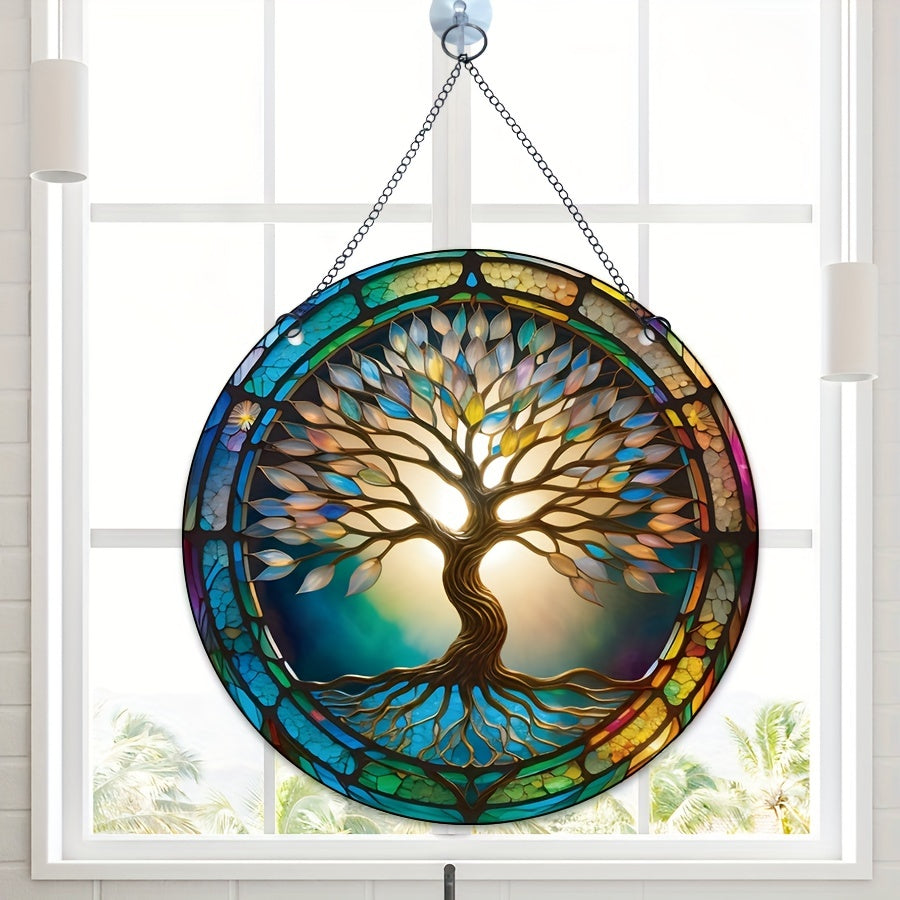 Colorful Tree Of Life Round Acrylic Stain Window Hanging Pendant