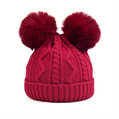 Kids Detachable Double Fur Ball Beanie Knitted Hat