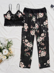 Floral Print Pajama Set V Neck Cami Top & Lace Pants Sleepwear