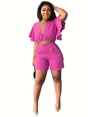 Flutter Sleeve Crop Top & High Waist Shorts Set