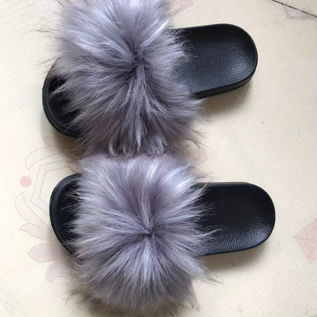 Women's Fluffy Flat Slides Open Toe Non Slip Indoor Slippers Furry Outdoor Shoes