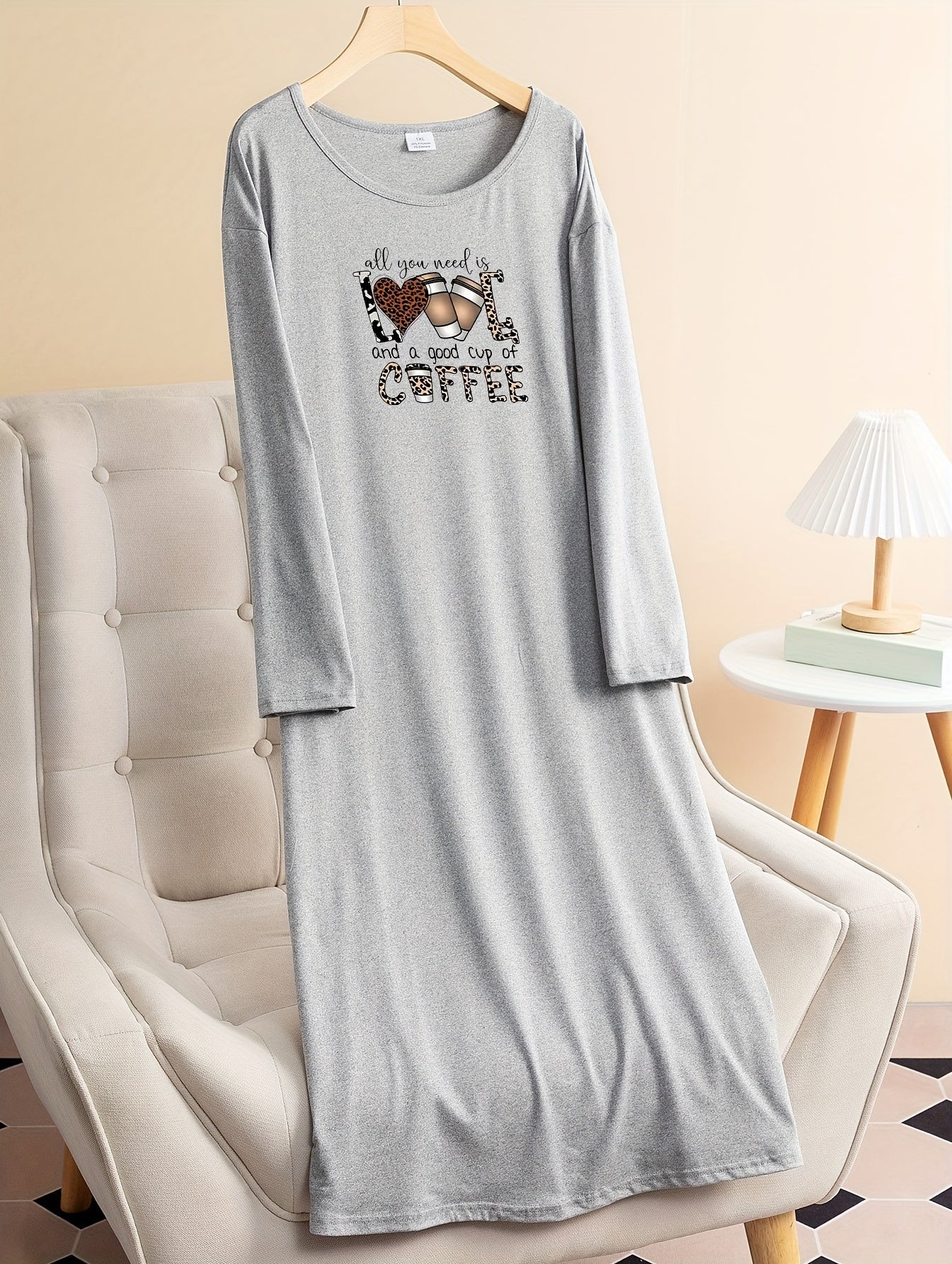 Leopard & Coffee Print Long Sleeve Tee Sleep Dress