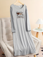 Leopard & Coffee Print Long Sleeve Tee Sleep Dress
