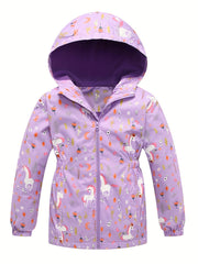 Toddler Girls Unicorn Hooded Jacket Waterproof Zipper Coat