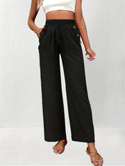 Elastic Waist Straight Leg Pants Casual Button Pocket Loose Pants