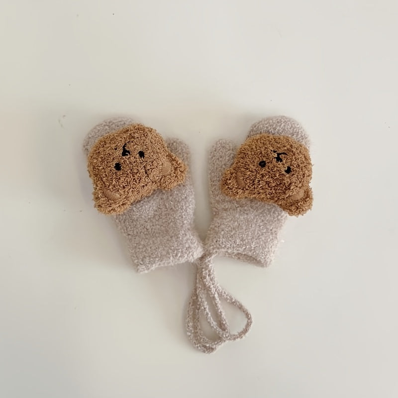 Kids Bear Gloves Neck Hanging Mittens Winter Double layer Knitted Warm