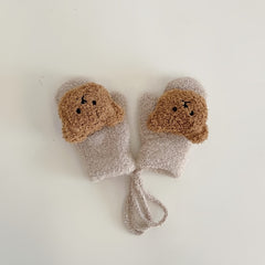 Kids Bear Gloves Neck Hanging Mittens Winter Double layer Knitted Warm