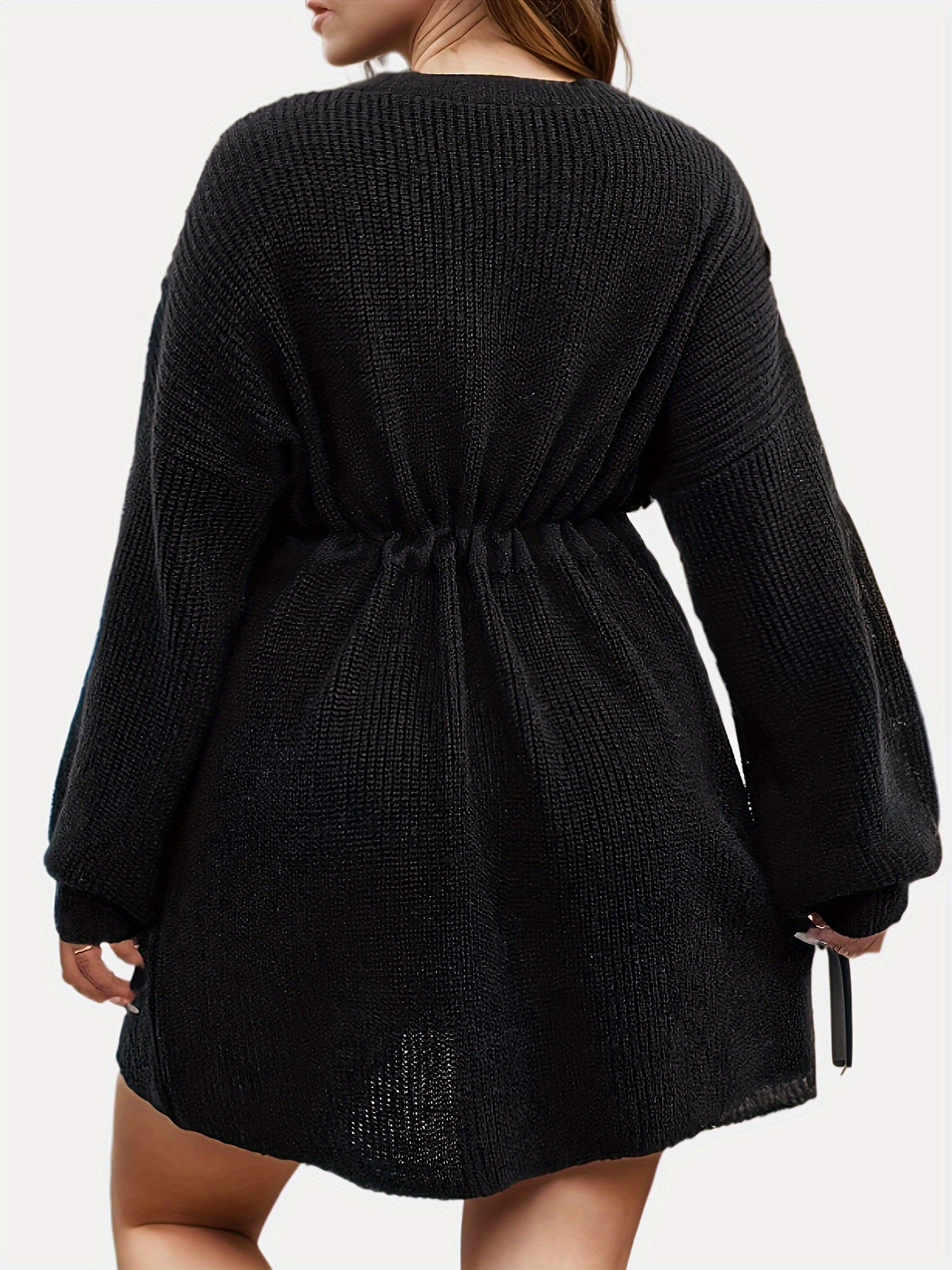 Casual Sweater Dress Women's Plus Solid Drawstring Lantern Sleeve