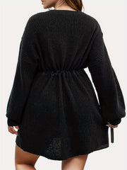 Casual Sweater Dress Women's Plus Solid Drawstring Lantern Sleeve