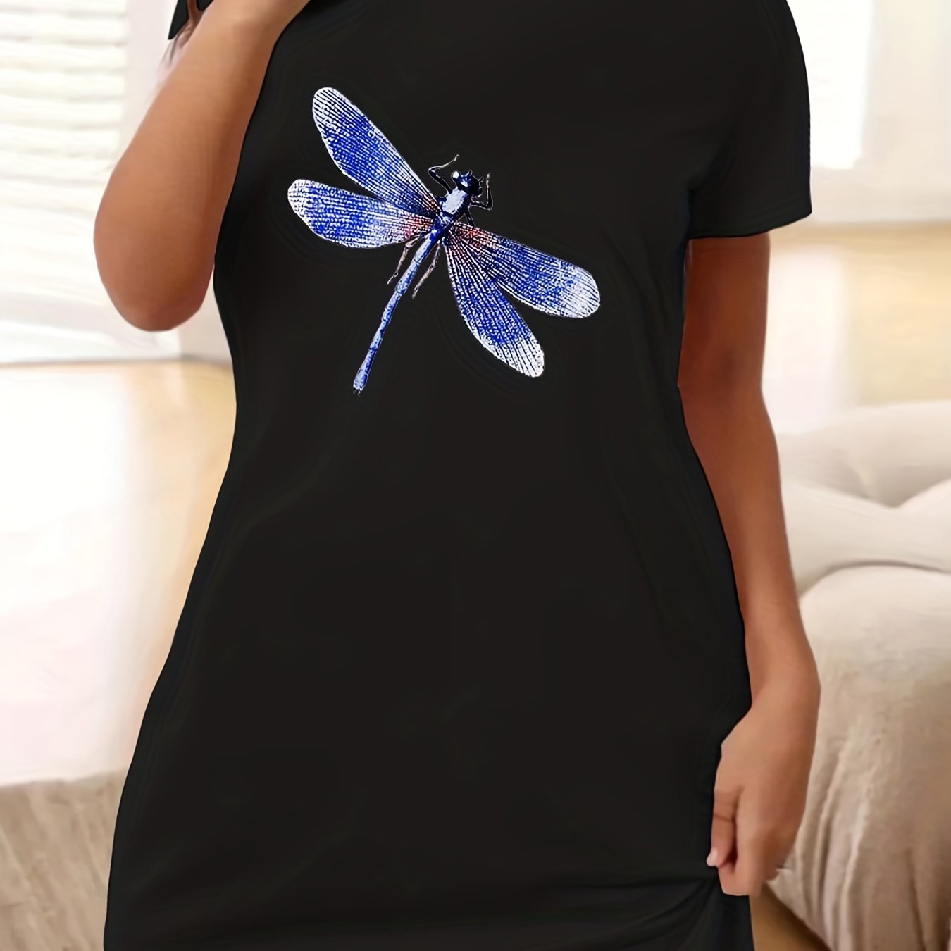 Dragonfly Print Lounge Dress Short Sleeve Round Neck Nightdress