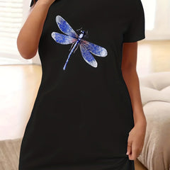 Dragonfly Print Lounge Dress Short Sleeve Round Neck Nightdress