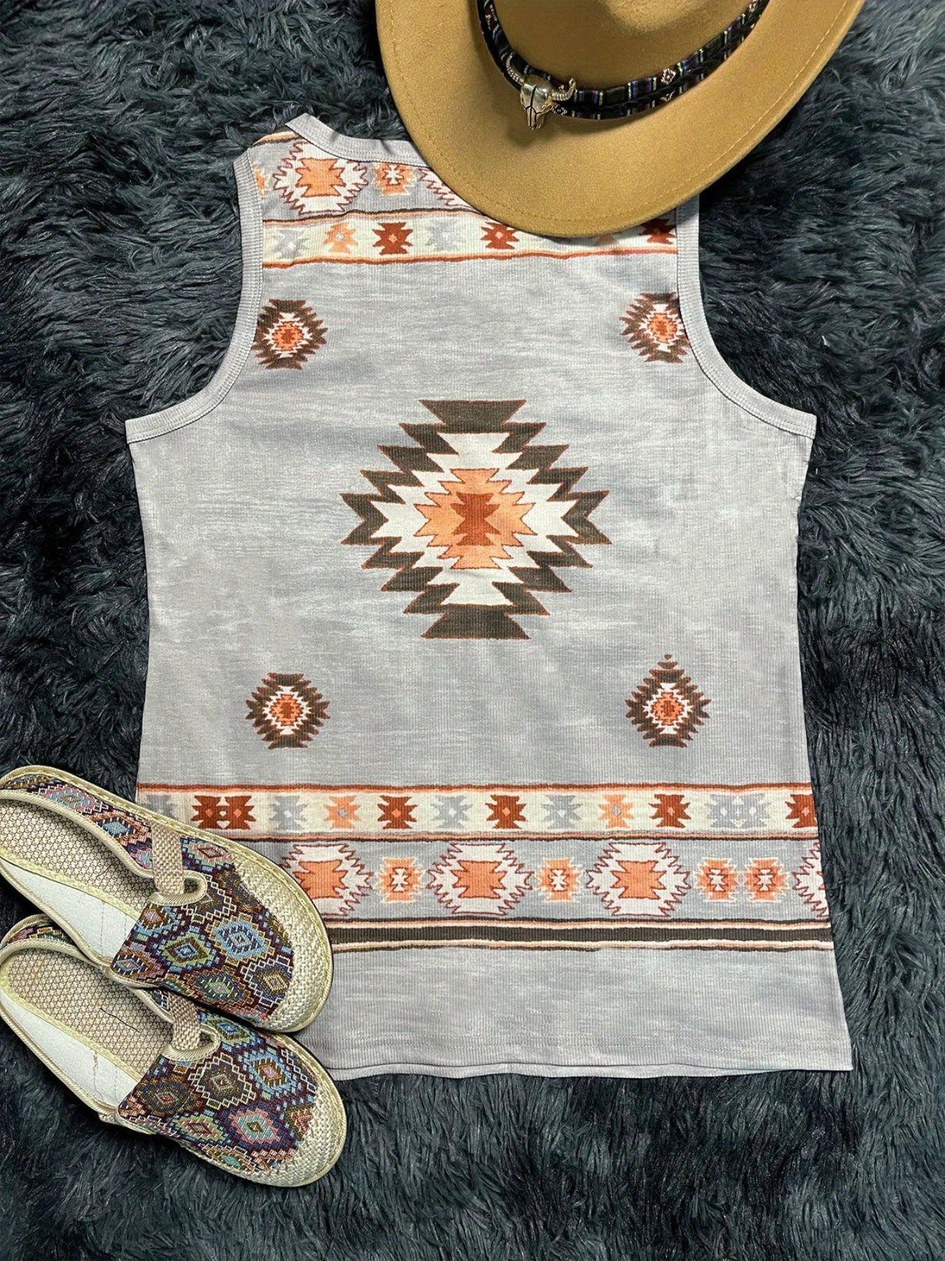 Geo Pattern Ribbed Tank Top V Neck Casual Sleeveless Top
