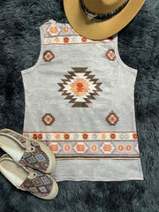 Geo Pattern Ribbed Tank Top V Neck Casual Sleeveless Top