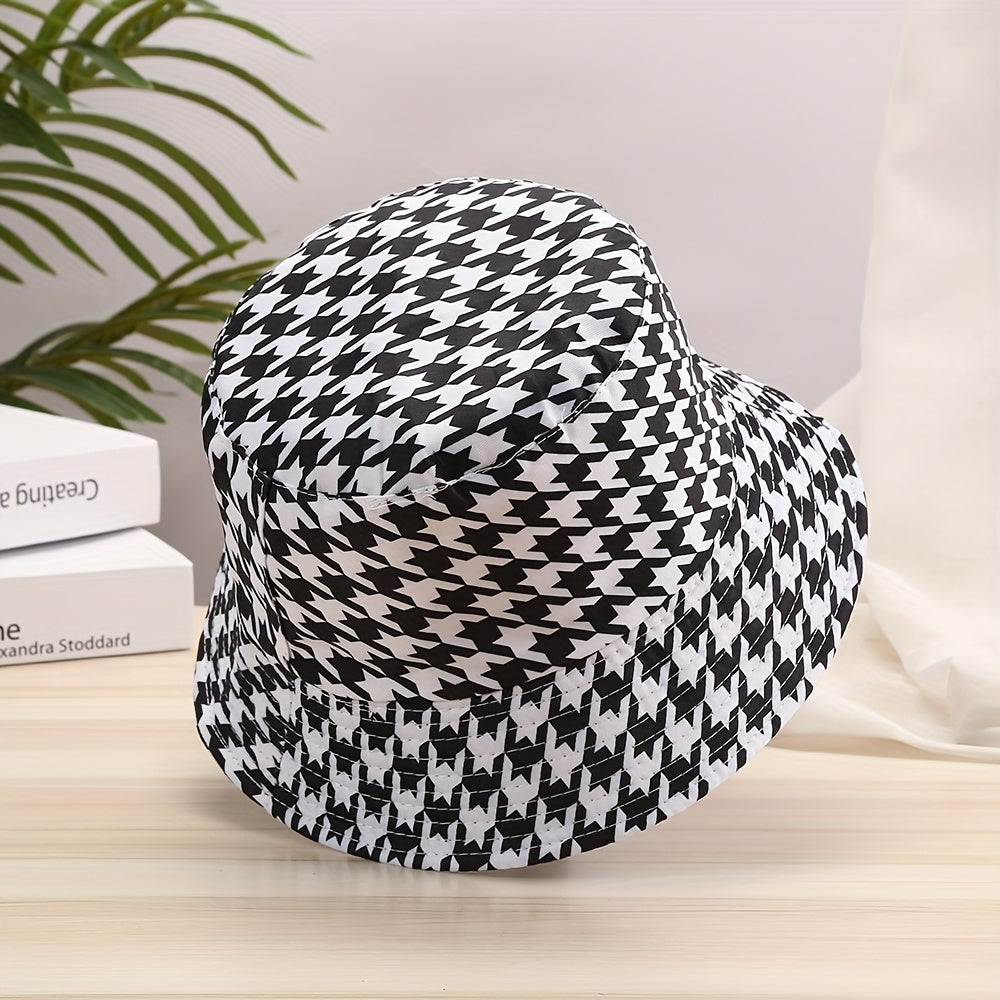 Houndstooth Print Reversible Bucket Hat Lightweight Fisherman Cap