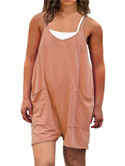 Solid V Neck Cami Romper With Pockets