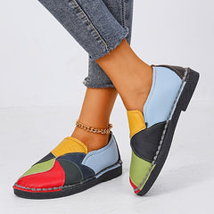 Women's Colorblock Flat Loafers Soft Sole Slip On Faux Leather Shoes