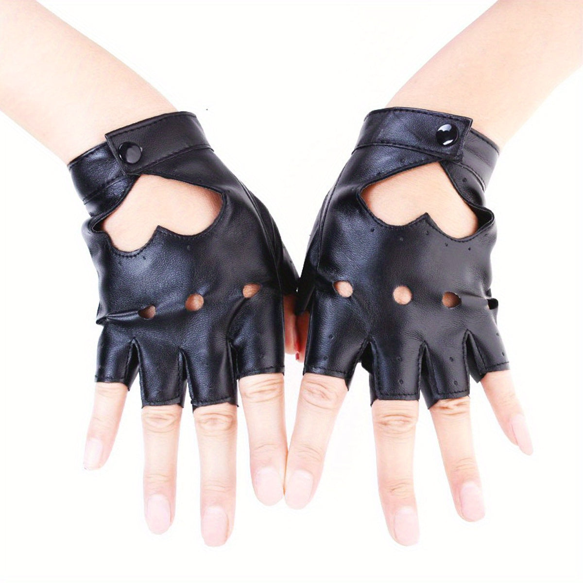 Punk Short Finger Gloves Peach Heart Hollow PU Leather Non-slip