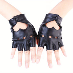 Punk Short Finger Gloves Peach Heart Hollow PU Leather Non-slip