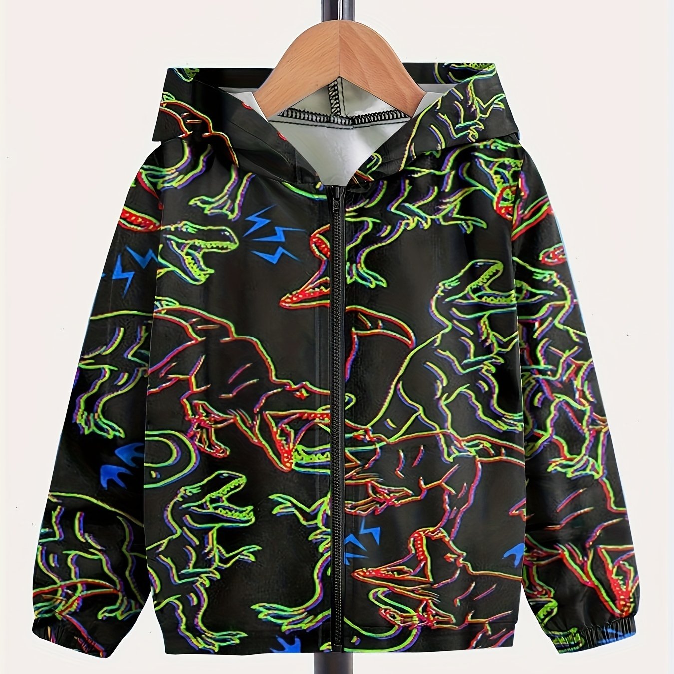 Dino Graphic Zip Front Hooded Jacket for Girls Boys