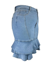 Casual Denim Skirt Button Fly Ruffle Trim High Rise Midi Denim Skirt