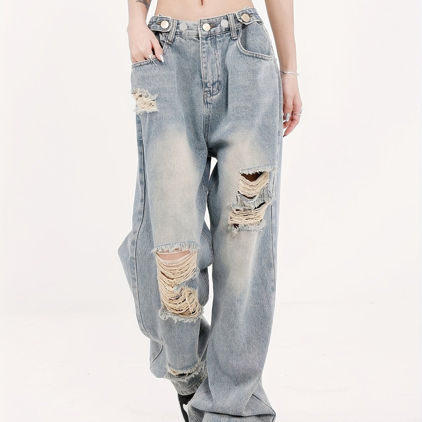 Distressed Straight Jeans Loose Fit Washed Denim Pants