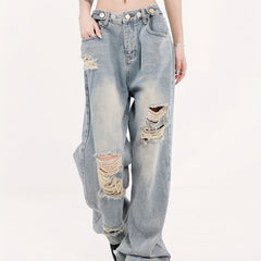 Distressed Straight Jeans Loose Fit Washed Denim Pants