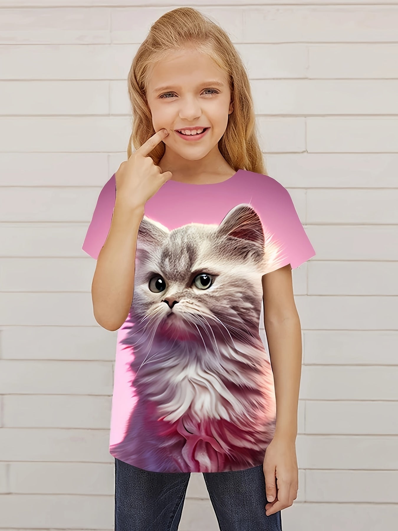 Crying Cat Graphic Short Sleeve T shirt Breathable Pullover For Girls