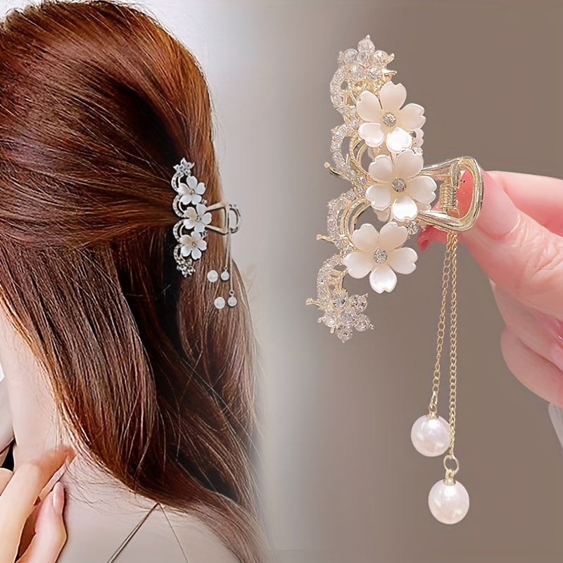 Camellia Rhinestones Faux Pearl Tassel Hair Clip & Metal Hair Clip