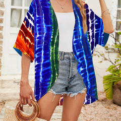 Tie Dye Print Half Sleeve Kimono Cover Up Beach Cardigan