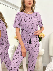 Moon Print Pajama Set Short Sleeve Top & Pants