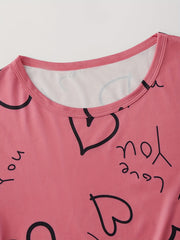 Letter & Heart Print Pajamas Set Short Sleeve Crew Neck Top & Shorts