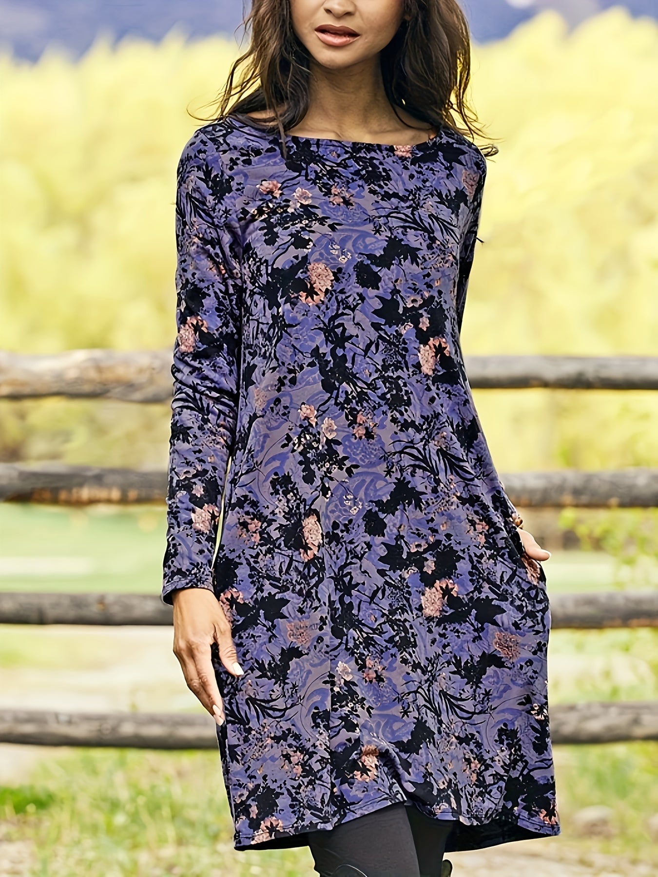 Casual Dress Women's Plus Floral Print Long Sleeve Dress