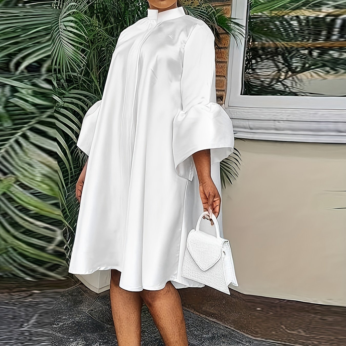 Solid Flared 3/4 Sleeve Dress Casual Mock Neck Midi Loose Dress
