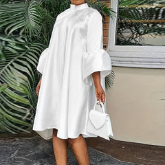 Solid Flared 3/4 Sleeve Dress Casual Mock Neck Midi Loose Dress