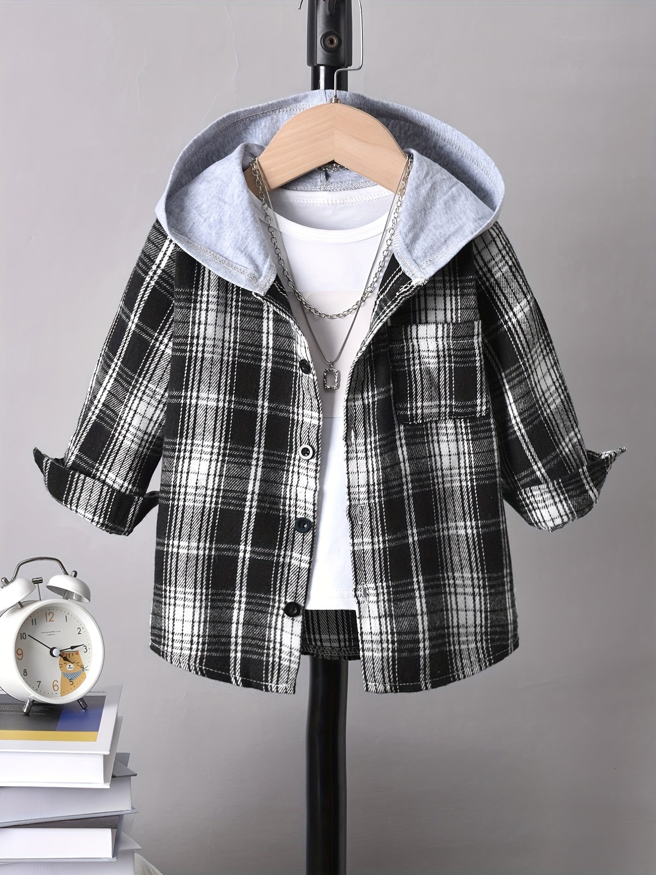 Boys Hooded Checked Shirt Kids Clothes