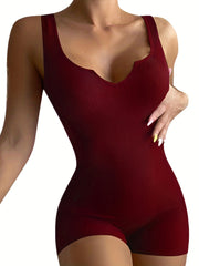 Knitted Unitard Tank Romper Solid V neck Stretchy Romper