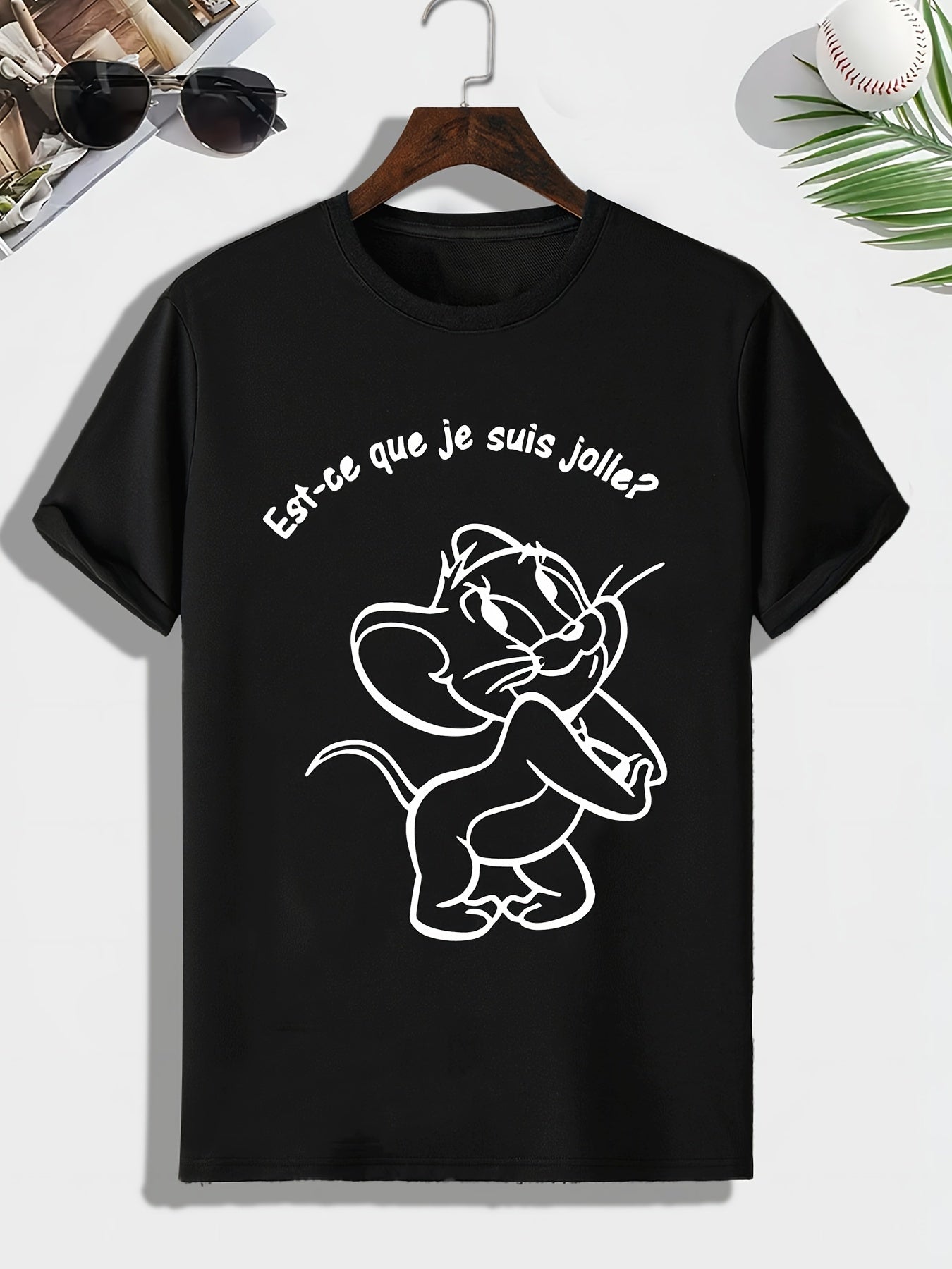 Men's Mouse Sketch Print T shirt Active Comfy Slightly Stretch Crew Neck Tee