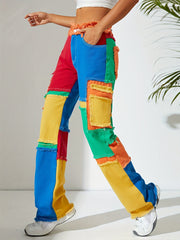High Waist Colorblock Straight Jeans for Women