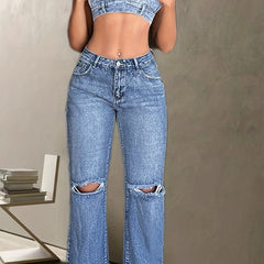 Wide Leg Straight Jeans Ripped Holes Slash Pockets Casual Denim Pants