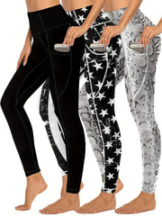 3-Pack Plus Size Leggings Set: Star & Snake Print High Waist