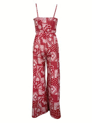 Floral Print Wide Leg Ruffle Trim Jumpsuit Boho Sleeveless Jumpsuit