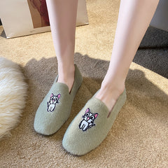 Women's Cat Embroidered Faux Fur Moccasin Slip-On Shoes