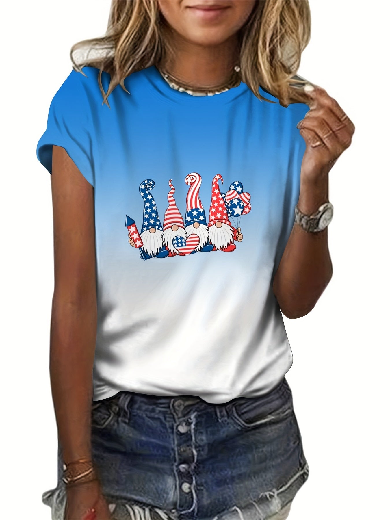 Star & Stripe Pattern Ombre Crew Neck T-Shirt Summer Tee Women's Clothing