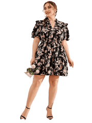 Dress Floral Print Ruffle Puff Sleeve Mini Smock Dress