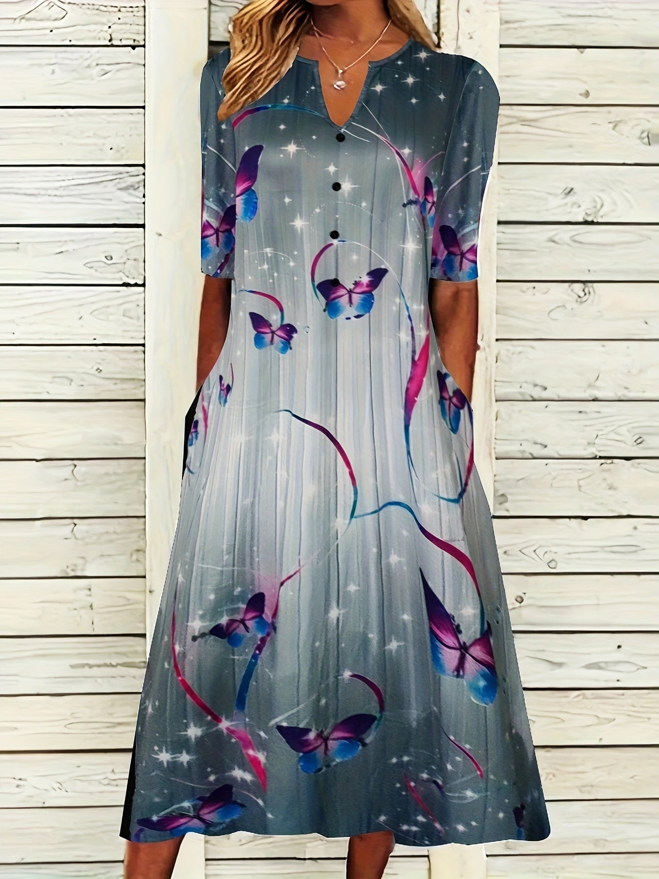 Butterfly Print Short Sleeve Casual Dress with Pockets